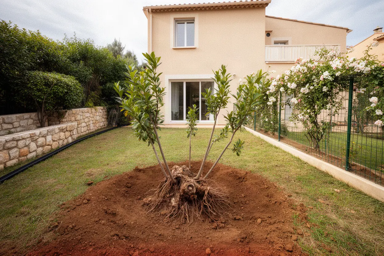 Souche de laurier avec rejets dans jardin antibois
