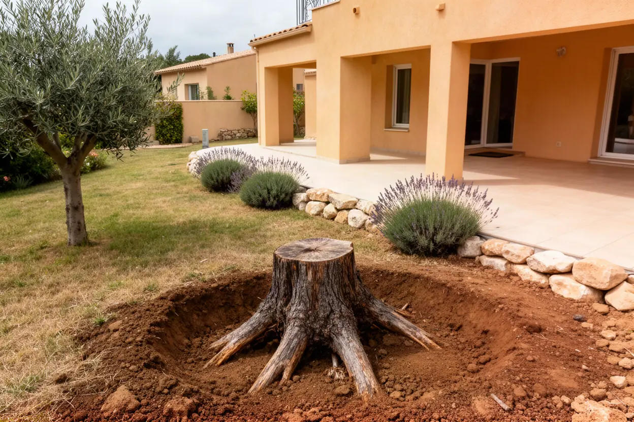 Souche de pin avant rognage dans Mougins