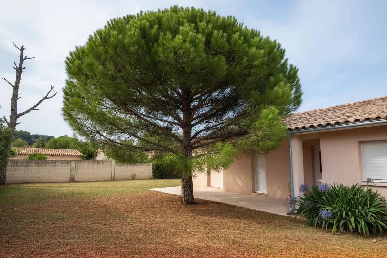 Pin dense surplombant une toiture avant élagage à Pégomas