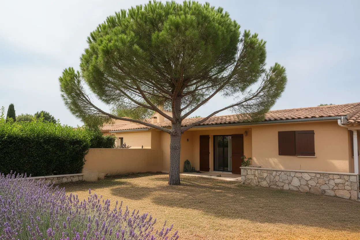 Pin parasol touchant une toiture à Vallauris