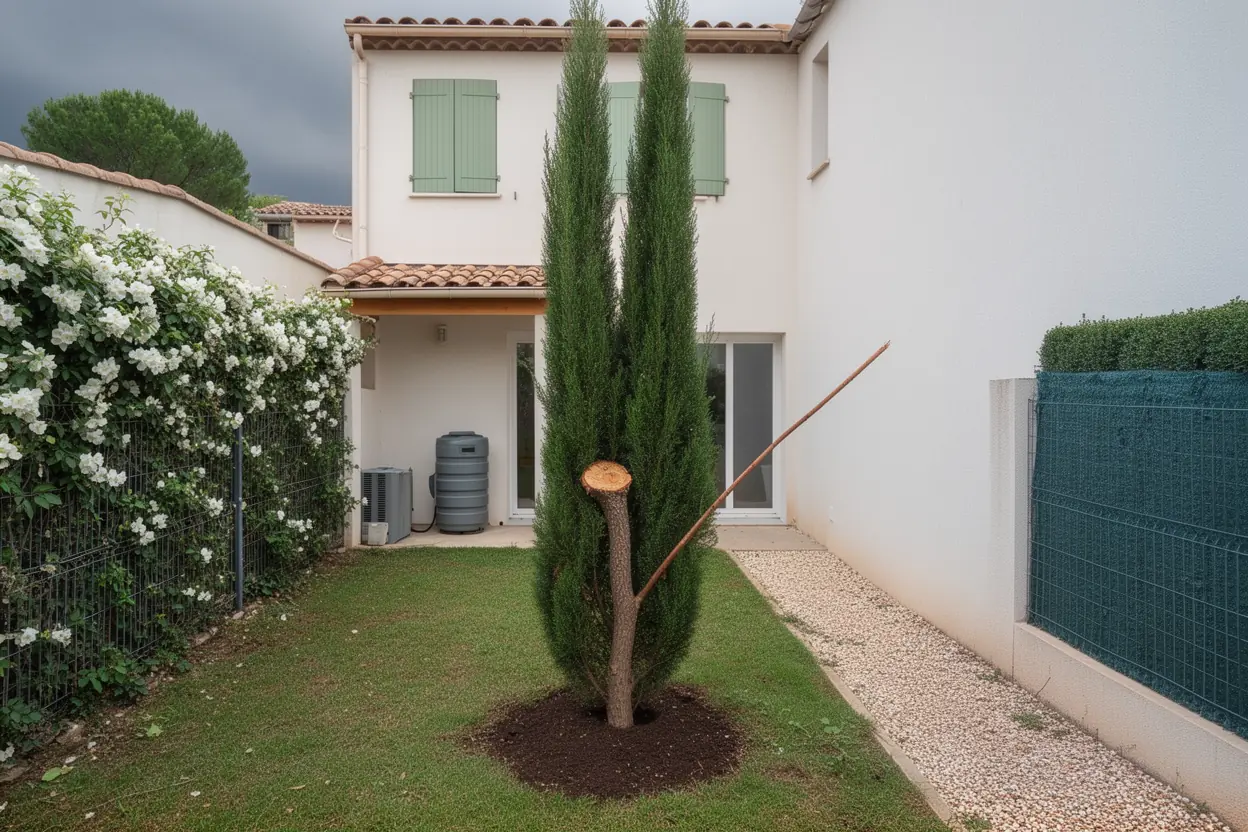 Jardin dégagé après démontage du cyprès à Pégomas