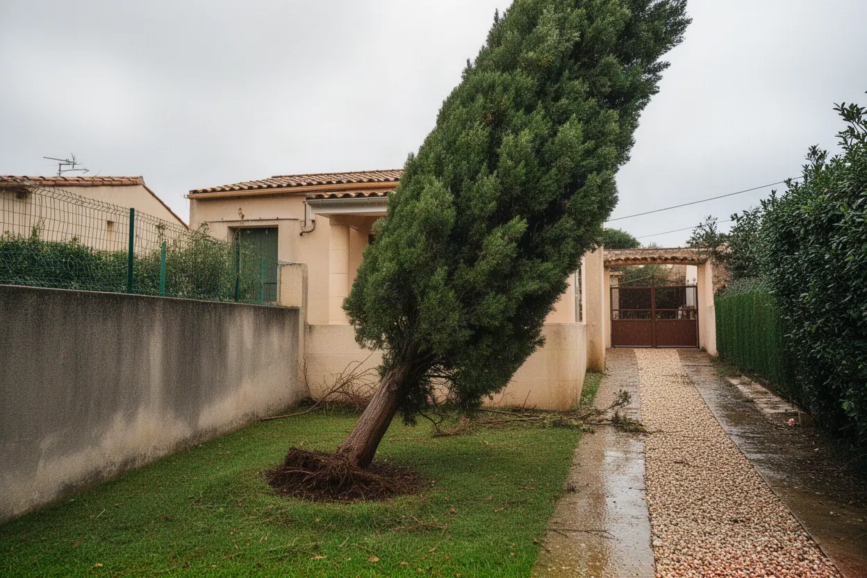 Cyprès incliné menaçant un muret à Vallauris