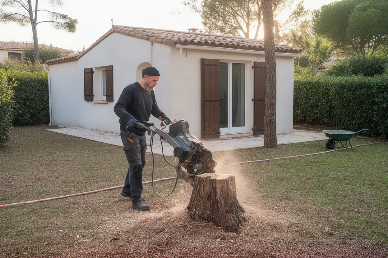 Rognage de souche dans un jardin à Cannes